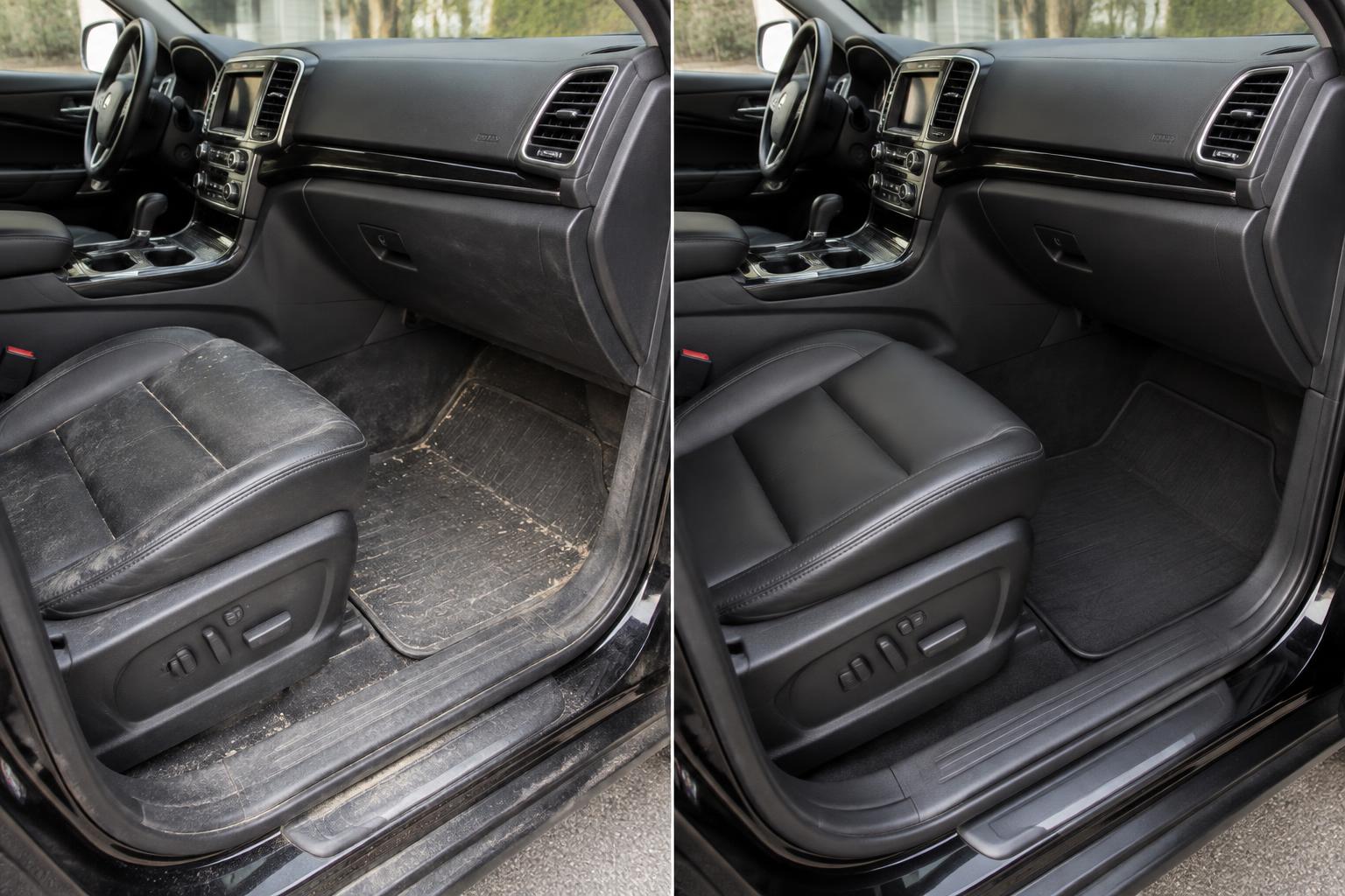 Illustrative before-and-after pair showing a dusty interior and a clean detailed interior